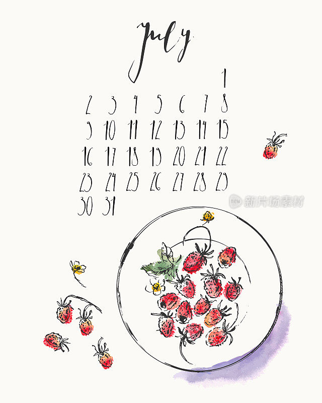 July 2018 calendar with ink calligraphy elements and wild strawberries on a plate top view.